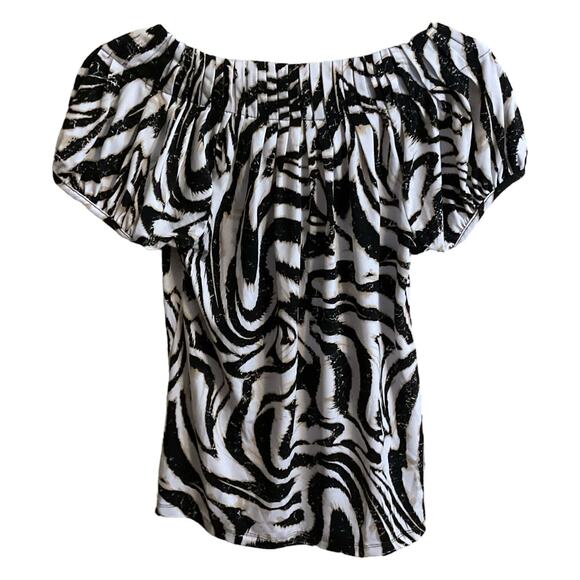 Style & Co PM Top Black White Tan Abstract Print Scoop Neck Stretch Knit Travel - Picture 6 of 7